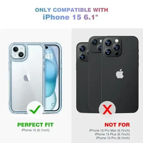 Diaclara iPhone 15 uchun mo'ljallangan g'ilof, to'liq korpusli mustahkam g'ilof, o'rnatilgan teginishga sezgir chizilishga qarshi ekran himoyachisi, iPhone 15 6.1