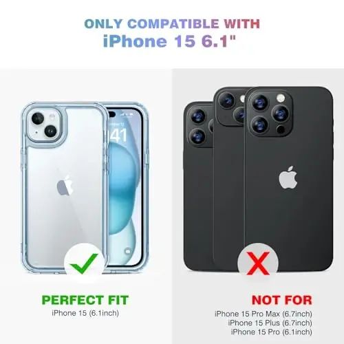 Diaclara iPhone 15 uchun mo'ljallangan g'ilof, to'liq korpusli mustahkam g'ilof, o'rnatilgan teginishga sezgir chizilishga qarshi ekran himoyachisi, iPhone 15 6.1