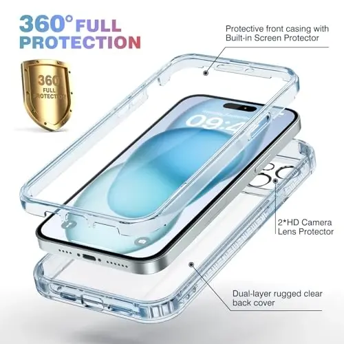 Diaclara iPhone 15 uchun mo'ljallangan g'ilof, to'liq korpusli mustahkam g'ilof, o'rnatilgan teginishga sezgir chizilishga qarshi ekran himoyachisi, iPhone 15 6.1