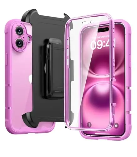 Diaclara Designed for iPhone 16 Case with Belt Clip Hoster, Full Body Rugged Case with Built-in Touch Sensitive Anti-Scratch Screen Protector, Upgraded [Full Camera Protection] (Pink) - DIACLARA