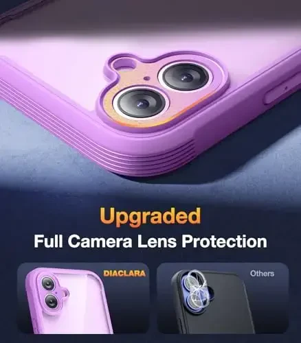 Diaclara iPhone 16 Plus uchun mo'ljallangan g'ilof 6,7 dyuym, yangilangan [To'liq kamera himoyasi] O'rnatilgan ekran himoyachisi bilan to'liq korpusli mustahkam shaffof bamper g'ilof, to'q pushti - 6