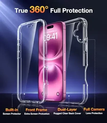 Diaclara iPhone 16 Plus uchun mo'ljallangan g'ilof 6,7 dyuym, yangilangan [To'liq kamera himoyasi] To'liq korpusli g'ilof, o'rnatilgan sensorli tirnalishga qarshi ekran himoyachisi, tiniq - 2