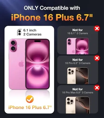 Diaclara iPhone 16 Plus uchun mo'ljallangan g'ilof 6,7 dyuym, yangilangan [To'liq kamera himoyasi] To'liq korpusli g'ilof, o'rnatilgan sensorli tirnalishga qarshi ekran himoyachisi, tiniq - 6