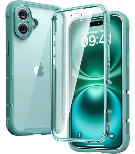 Diaclara iPhone 16 Plus uchun mo'ljallangan g'ilof 6.7 dyuym, yangilangan [To'liq kamera himoyasi] To'liq korpusli mustahkam shaffof bamper g'ilofi, 16 Plus uchun o'rnatilgan ekran himoyachisi, Teal - 1