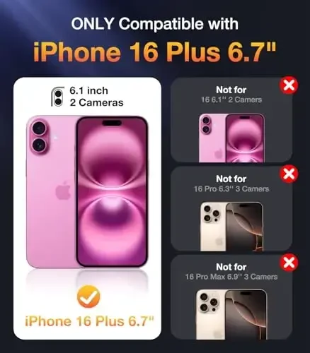 Diaclara iPhone 16 Plus uchun mo'ljallangan g'ilof, O'rnatilgan sensorli tirnalishga qarshi ekran himoyachisi bilan to'liq korpusli mustahkam g'ilof, iPhone 16 Plus 6.7