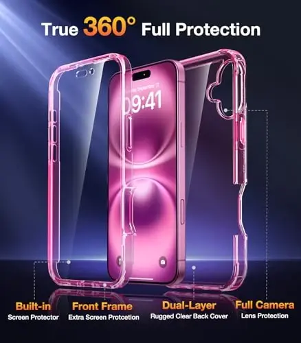 Diaclara iPhone 16 Plus uchun mo'ljallangan g'ilof, O'rnatilgan sensorli tirnalishga qarshi ekran himoyachisi bilan to'liq korpusli mustahkam g'ilof, iPhone 16 Plus 6.7