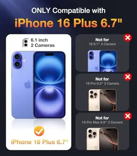 Diaclara iPhone 16 Plus uchun mo'ljallangan g'ilof, o'rnatilgan sensorli tirnalishga qarshi ekran himoyachisi bilan to'liq korpusli mustahkam g'ilof, iPhone 16 Plus 6.7