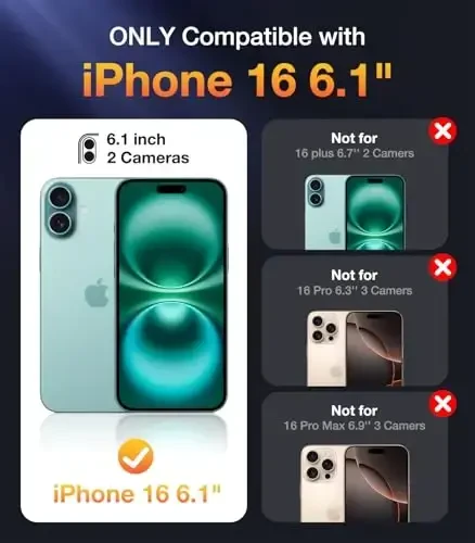 Diaclara iPhone 16 uchun mo'ljallangan g'ilof, o'rnatilgan sensorli tirnalishga qarshi ekran himoyachisi bilan to'liq korpusli mustahkam g'ilof, iPhone 16 6.1