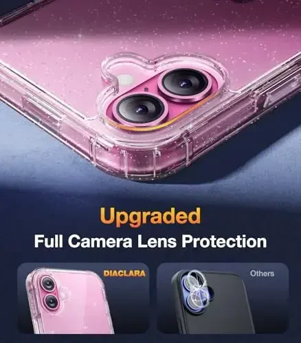 Diaclara iPhone 16 uchun mo'ljallangan g'ilof, o'rnatilgan sensorli tirnalishga qarshi ekran himoyachisi bilan to'liq korpusli mustahkam g'ilof, iPhone 16 6.1