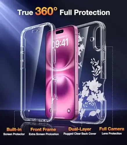 Diaclara iPhone 16 uchun mo'ljallangan g'ilof, o'rnatilgan sensorli tirnalishga qarshi ekran himoyachisi bilan to'liq korpusli mustahkam g'ilof, iPhone 16 g'iloflari uchun [To'liq kamera himoyasi] 6.1