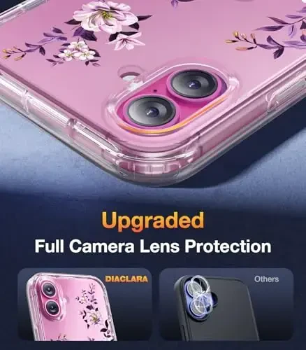 Diaclara iPhone 16 uchun mo'ljallangan g'ilof, o'rnatilgan sensorli tirnalishga qarshi ekran himoyachisi bilan to'liq korpusli mustahkam g'ilof, iPhone 16 g'iloflari uchun [To'liq kamera himoyasi] 6.1