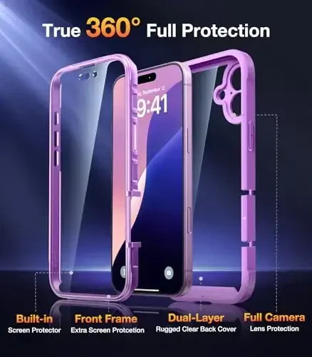 Diaclara iPhone 16 uchun mo'ljallangan g'ilof, to'liq himoyalangan g'ilof, o'rnatilgan sensorli tirnalishga qarshi ekran himoyachisi, iPhone 16 6.1