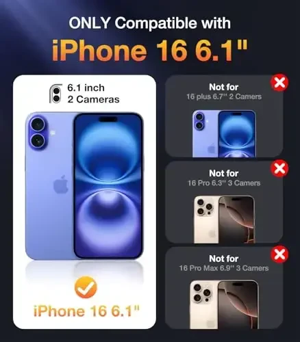 Diaclara iPhone 16 uchun mo'ljallangan g'ilof, to'liq korpusli mustahkam g'ilof, o'rnatilgan teginishga sezgir tirnalishga qarshi ekran himoyachisi, iPhone 16 6.1