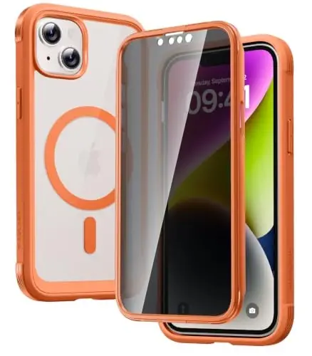 Diaclara Magnetic Designed for iPhone 14 Case 6.1 Inch,Upgraded Full Body Rugged Clear Bumper Case with Built-in Privacy Screen Protector for iPhone 14,Orange 