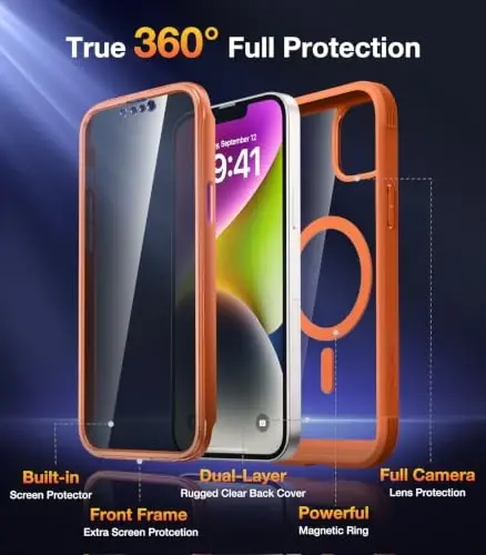 Diaclara Magnetic Designed for iPhone 14 Case 6.1 Inch,Upgraded Full Body Rugged Clear Bumper Case with Built-in Privacy Screen Protector for iPhone 14,Orange - 4