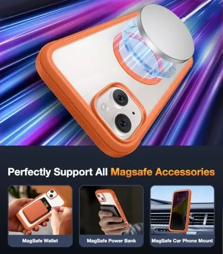 Diaclara Magnetic Designed for iPhone 14 Case 6.1 Inch,Upgraded Full Body Rugged Clear Bumper Case with Built-in Privacy Screen Protector for iPhone 14,Orange - 6
