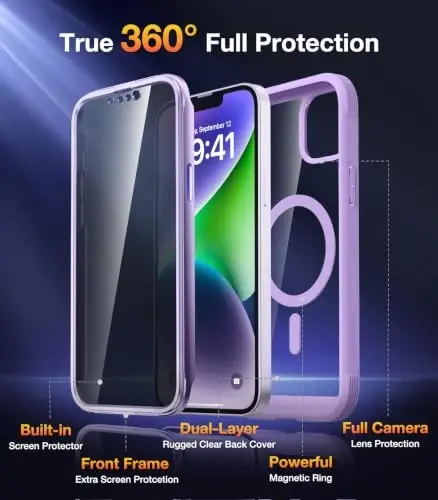 Diaclara Magnetic Designed for iPhone 14 Case 6.1 Inch,Upgraded Full Body Rugged Clear Bumper Case with Built-in Privacy Screen Protector for iPhone 14,Purple - 4