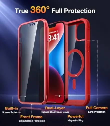 Diaclara Magnetic Designed for iPhone 14 Case 6.1 Inch,Upgraded Full Body Rugged Clear Bumper Case with Built-in Privacy Screen Protector for iPhone 14,RED - 4