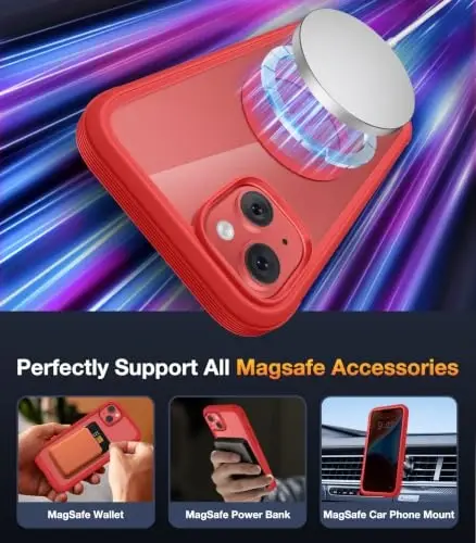 Diaclara Magnetic Designed for iPhone 14 Case 6.1 Inch,Upgraded Full Body Rugged Clear Bumper Case with Built-in Privacy Screen Protector for iPhone 14,RED - 6