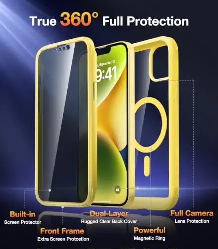 Diaclara Magnetic Designed for iPhone 14 Case 6.1 Inch,Upgraded Full Body Rugged Clear Bumper Case with Built-in Privacy Screen Protector for iPhone 14,Yellow - 4