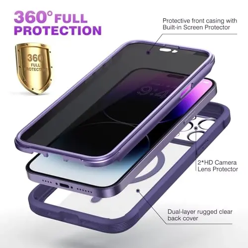 Diaclara Magnetic Designed for iPhone 14 Pro Max Case, Full Body Rugged Case with Built-in Privacy Touch Sensitive Anti-Scratch Screen Protector, with Camera Lens Protector (Purple) - 2