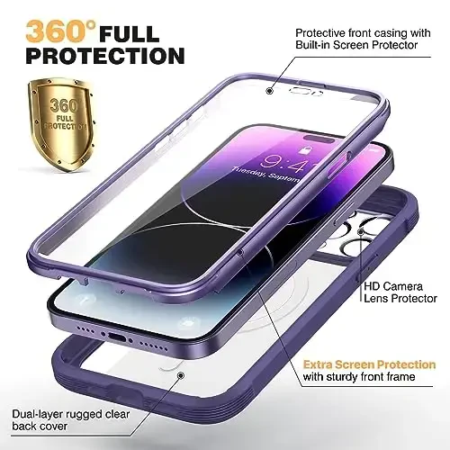 Diaclara Magnetic Designed for iPhone 14 Pro Max Case, Full Body Rugged Case with Built-in Touch Sensitive Anti-Scratch Screen Protector, with Camera Lens Protector for iPhone 14 Promax6.7 (Purple) - 2