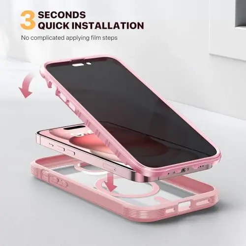 Diaclara Magnetic Designed for iPhone 15 Plus Case, Full Body Rugged Case with Built-in Privacy Touch Sensitive Anti-Scratch Screen Protector, with Camera Lens Protector (Coral Pink) - 3