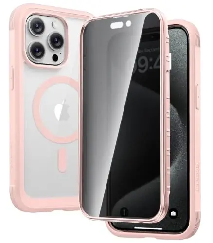 Diaclara Magnetic Designed for iPhone 15 Pro Max Case Full Body Bumper, [Compatible with MagSafe] Military Drop Proof Cover with Built-in Privacy Screen Protector,Pink - 1