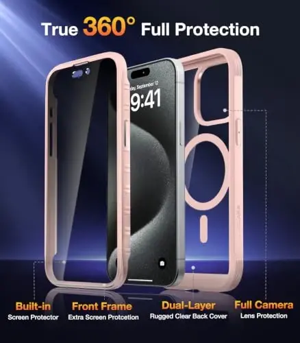 Diaclara Magnetic Designed for iPhone 15 Pro Max Case Full Body Bumper, [Compatible with MagSafe] Military Drop Proof Cover with Built-in Privacy Screen Protector,Pink - 2