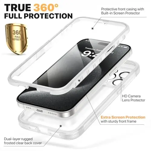 Diaclara Magnetic Designed for iPhone 15 Pro Max Case Full Body Bumper,[Compatible with MagSafe] Military Drop Proof Cover with Built-in Touch Sensitive Anti-Scratch Screen Protector,Frosted Clear - 2