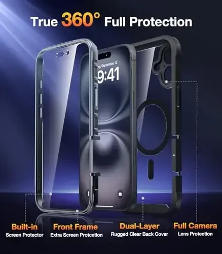 Diaclara Magnetic Designed for iPhone 16 Plus Cases,[Full Camera Protection] 360 Clear Bumper Compatible with MagSafe Built-in Screen Protector for 16 Plus,Magnetic Black - 2