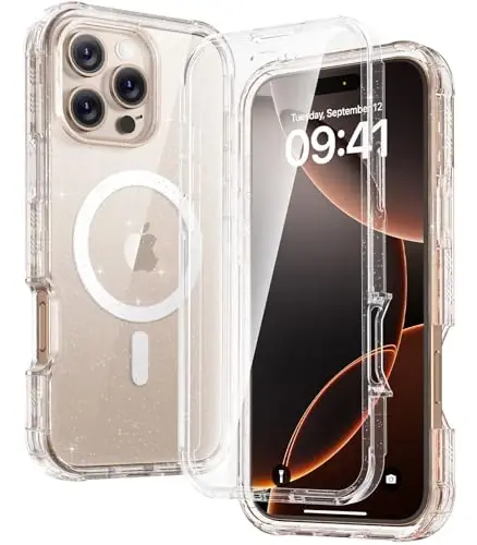 Diaclara Magnetic Designed for iPhone 16 Pro Max Case Full Body Bumper, [Compatible with MagSafe] Military Drop Proof Cover with Built-in Touch Sensitive Anti-Scratch Screen Protector, Clear Glitter - DIACLARA