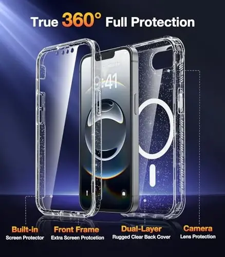 Diaclara Magnetic Designed for iPhone 16e Case, Full Body Rugged Case with Built-in Touch Sensitive Anti-Scratch Screen Protector, Soft TPU Bumper Waterproof Case (Clear Glitter) - 2