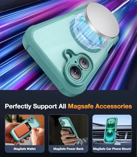 Diaclara Magnetic Designed for iPhone 17 Case 6.3'' [Full Camera Protection] Full Body Bumper with Privacy Screen Protector, [Compatible with MagSafe] Military Drop Proof Phone Case, Green - 6