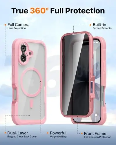 Diaclara Magnetic Designed for iPhone 17 Case 6.3'' [Full Camera Protection] Full Body Bumper with Privacy Screen Protector, [Compatible with MagSafe] Military Drop Proof Phone Case, Pink - 2
