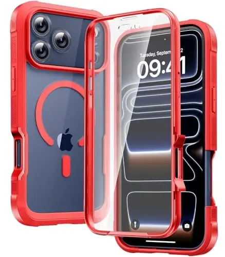 Diaclara Magnetic Designed for iPhone 17 Pro Case 6.3'' Full Body Bumper,[Compatible with MagSafe] Military Drop Proof Phone Case with Built-in Screen Protector,Easy Install,No Gap,Red - 1