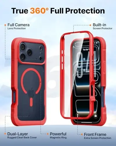 Diaclara Magnetic Designed for iPhone 17 Pro Case 6.3'' Full Body Bumper,[Compatible with MagSafe] Military Drop Proof Phone Case with Built-in Screen Protector,Easy Install,No Gap,Red - 4