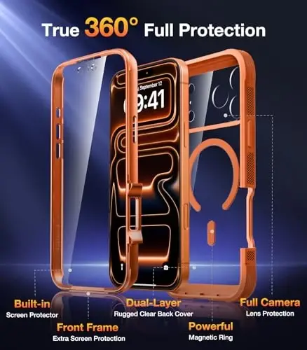 Diaclara Magnetic Designed for iPhone 17 Pro Case 6.3'' [Full Camera Protection] Full Body Bumper,[Compatible with MagSafe] Military Drop Proof Phone Case w/Built-in Screen Protector,Orange - 8
