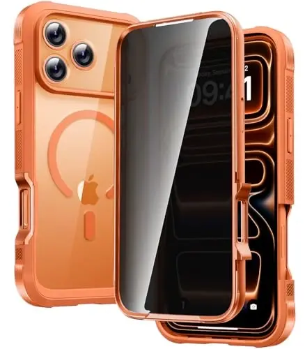 Diaclara Magnetic Designed for iPhone 17 Pro Case 6.3'' [Full Camera Protection] Full Body Bumper,[Compatible with MagSafe] Phone Case w/Built-in Privacy Screen Protector,Orange - 1