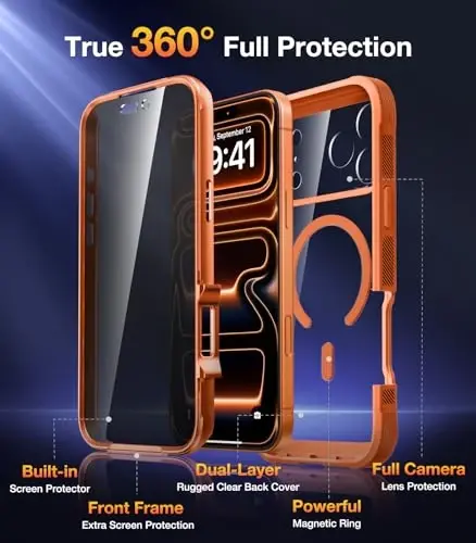 Diaclara Magnetic Designed for iPhone 17 Pro Case 6.3'' [Full Camera Protection] Full Body Bumper,[Compatible with MagSafe] Phone Case w/Built-in Privacy Screen Protector,Orange - 4