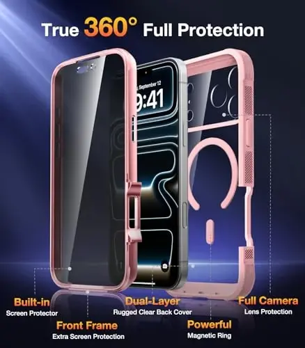 Diaclara Magnetic Designed for iPhone 17 Pro Case 6.3'' [Full Camera Protection] Full Body Bumper,[Compatible with MagSafe] Phone Case w/Built-in Privacy Screen Protector,Pink - 2