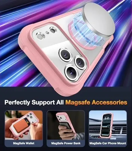 Diaclara Magnetic Designed for iPhone 17 Pro Case 6.3'' [Full Camera Protection] Full Body Bumper,[Compatible with MagSafe] Phone Case w/Built-in Privacy Screen Protector,Pink - 4