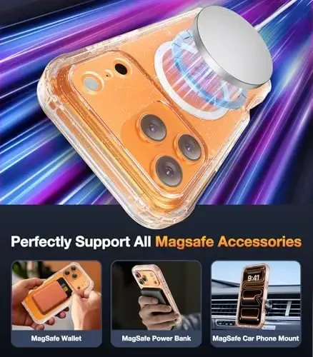 Diaclara Magnetic Designed for iPhone 17 Pro Case Full Body Bumper, [Compatible with MagSafe] Military Drop Proof Cover with Built-in Touch Sensitive Anti-Scratch Screen Protector, Clear Glitter - 4