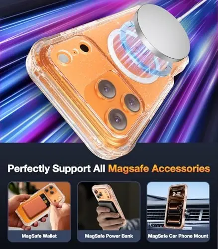 Diaclara Magnetic Designed for iPhone 17 Pro Case Full Body Bumper,[Compatible with MagSafe] Military Drop Proof Cover with Built-in Touch Sensitive Anti-Scratch Screen Protector, Clear Glitter - 4