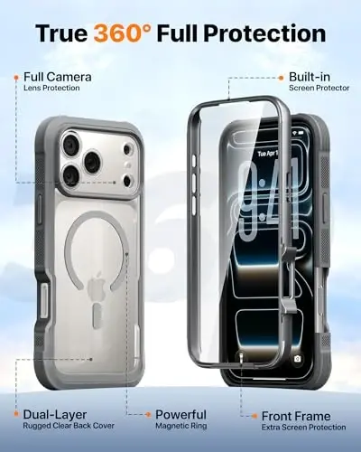 Diaclara Magnetic Designed for iPhone 17 Pro Case Full Body Bumper,[Compatible with MagSafe] Military Drop Proof Cover with Built-in Touch Sensitive Anti-Scratch Screen Protector, Grey Titanium - 2
