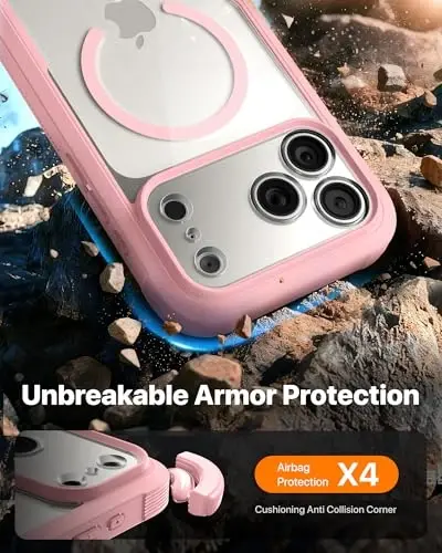 Diaclara Magnetic Designed for iPhone 17 Pro Case Full Body Bumper,[Compatible with MagSafe] Military Drop Proof Cover with Built-in Touch Sensitive Anti-Scratch Screen Protector,Pink - 2