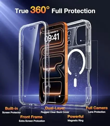 Diaclara Magnetic Designed for iPhone 17 Pro Max Case Full Body Bumper, [Compatible with MagSafe] Military Drop Proof Cover with Built-in Touch Sensitive Anti-Scratch Screen Protector, Clear Glitter - DIACLARA (1)