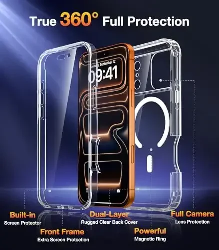 Diaclara Magnetic Designed for iPhone 17 Pro Max Case Full Body Bumper, [MagSafe bilan mos], Harbiy tomchidan himoya qopqog'i, o'rnatilgan sensorli tirnalishga qarshi ekran himoyachisi, shaffof - DIACLARA (1)