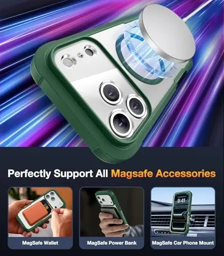 Diaclara Magnetic Designed for iPhone 17 Pro Max Case Full Body Bumper,[Compatible with MagSafe] Military Drop Proof Cover with Built-in Privacy Screen Protector,Green - 4