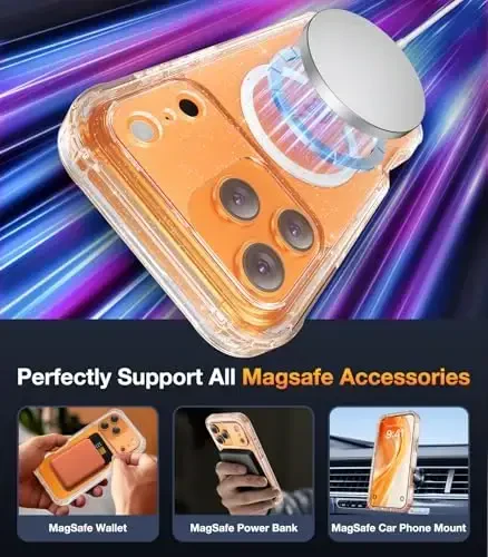 Diaclara Magnetic Designed for iPhone 17 Pro Max Case Full Body Bumper,[Compatible with MagSafe] Military Drop Proof Cover with Built-in Touch Sensitive Anti-Scratch Screen Protector, Clear Glitter - 4